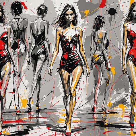 AI fashion B&W ink drawing illustrations of models walking along a catwalk in the latest fashtion outfits, with a background of red and yellow splashes. A Level Sketchbook, Models Walking, Chic High Heels, Career Inspiration, Model Paint, Ink Drawing Illustration, Chase Your Dreams, A Background, Red And Yellow