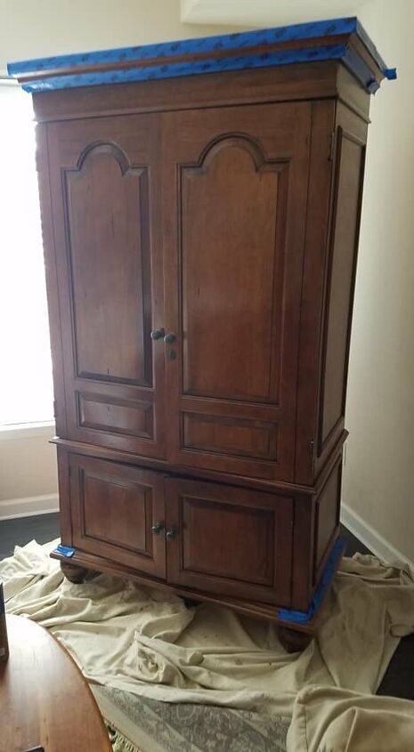 How to Paint an Armoire Renovation DIY | Hometalk Painting Armoire Ideas, Farmhouse Armoire Makeover, Armoire To Pantry, Armoire Bar Repurposed, Painted Armoire Ideas, Armoire Makeover Ideas, Refinished Armoire, Painted Tv Cabinet, Painted Armoires