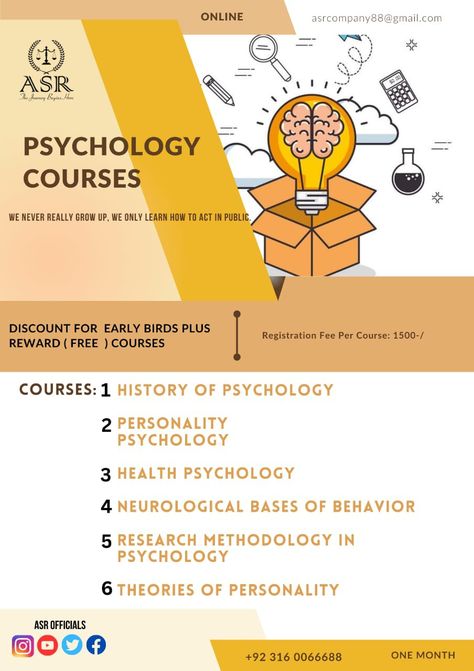 INTRODUCTION OF ASR Company. https://youtu.be/5wbVFTW0eOM 🟧PSYCHOLOGY ONLINE COURSE 🟧 📣NEW BATCH ANNOUNCEMENT 📣 ⚪After successful completion of first 9 Batches, ASR has promulgated the 10th batch. 🟨 In this batch, ASR has introduced profuse paid and cost-free PSYCHOLOGY COURSES. ⚪COURSES ⚪ ♦️History of Psychology ♦️ Personality Psychology ♦️ Health psychology ♦️ Neurological Bases of Behaviour ♦️ Research methodology in psychology ♦️ Theories of personality Free Psychology Courses, Psychology Course, Intro To Psychology, Theories Of Personality, History Of Psychology, Research Methodology, Psychology Courses, Personality Psychology, Health Psychology