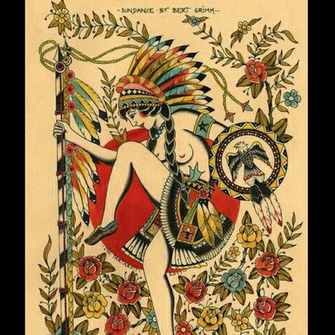 Bert Grimm's famous "Sundance" flash design. #BertGrimm #Sundancer #tattoohistory #traditional Bert Grimm Tattoo, Bert Grimm, Sailor Jerry Tattoo Flash, Dance Tattoo, Backpiece Tattoo, Inspired Images, Pin Up Girl Tattoo, Vintage Tattoo Design, Sailor Jerry Tattoos