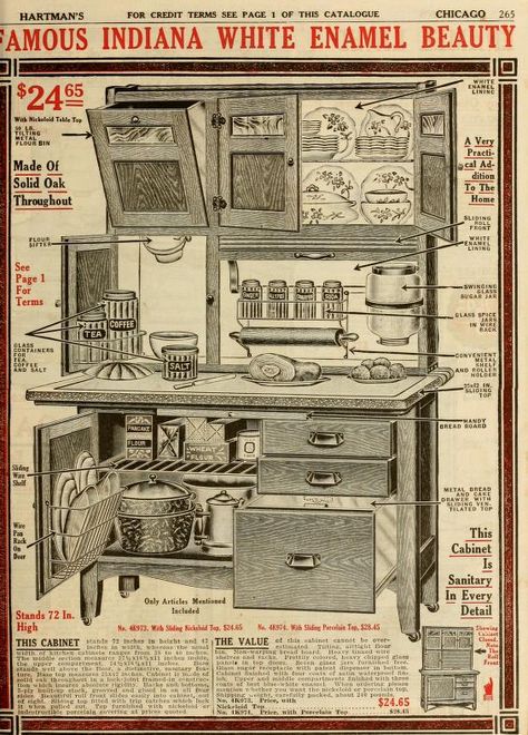 Famous Indiana White Enamel Beauty - anatomy of a Hoosier cupboard. Antique Hoosier Cabinet, Vintage Kitchen Cabinets, Hoosier Cabinets, Hoosier Cabinet, Credenza Vintage, Regal Design, Casa Vintage, Antique Kitchen, Vintage Cabinets