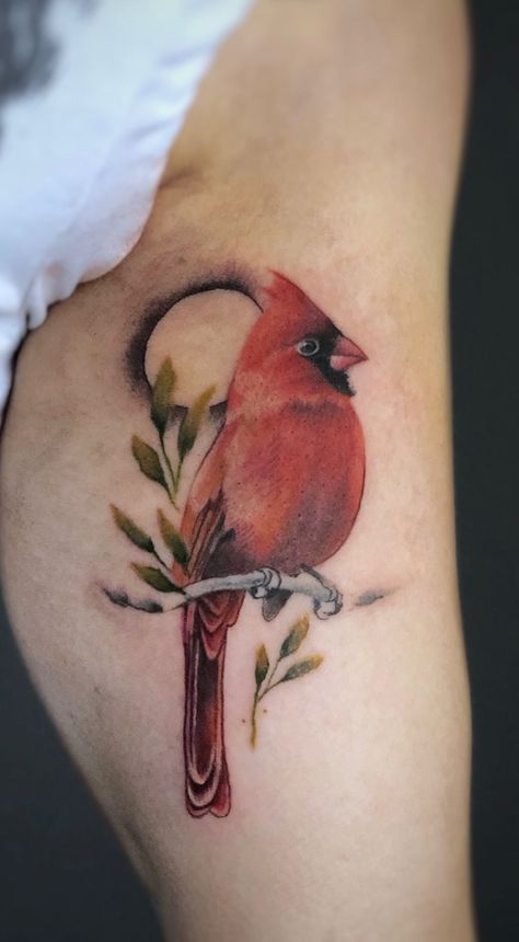 Red cardinal tattoo by Matt Hunt, Birmingham, UK Red Cardinal Tattoo, Red Bird Tattoo, Red Cardinal Tattoos, Modern Body Art, Red Bird Tattoos, Cardinal Tattoo, Watercolour Tattoos, Cardinal Tattoos, Custom Tattoos