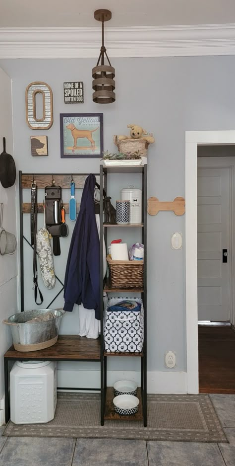 Female Dog Room Ideas, Organized Dog Area, Dog Area Organization, Dog Areas In House Spaces Living Room, Dog Storage Ideas Small Spaces, Pet Stuff Organization, Dog Organization Station Small Spaces, Dog Spaces In Apartments, Dog Room Organization