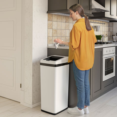 Discover the perfect combination of modern design and hands-free convenience with the 14 Gallon White Sliding Lid Sensor Trash Can. Its touchless sensor technology allows the lid to open smoothly with just a wave, making kitchen clean-up easier and more hygienic. The sliding lid design saves space, while the sleek white finish complements any kitchen decor. Ideal for busy households or minimalist spaces, this trash can adds both functionality and style to your home. Elevate your kitchen today! Bathroom Garbage Can, Minimalist Spaces, Kitchen Trash Can, Bathroom White, Kitchen Trash, Kitchen Clean, Bathroom Bin, Foam Soap Dispenser, First Kitchen