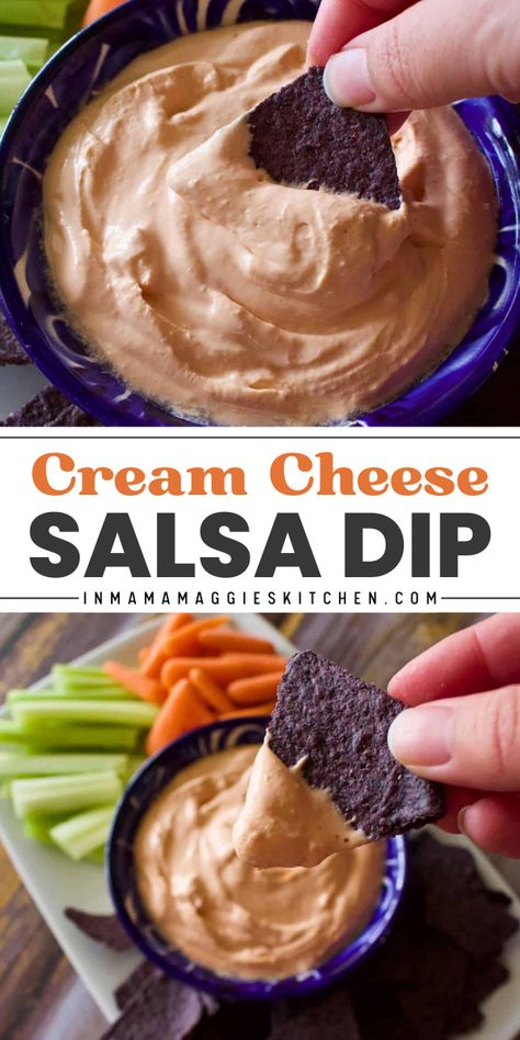 Looking for an easy crowd pleasing dip? Try Cream Cheese Salsa Dip! With just 2 ingredients, cream cheese, and tomato salsa, it’s a Superbowl party food idea that’s perfect for your game day menu. Try it today! Salsa Ranch Dip, Salsa Dip With Sour Cream, Cream Cheese And Salsa Dip, Salsa Dip With Cream Cheese, Salsa Cream Cheese Dip, Dips With Cream Cheese, Dip Recipes For Chips, Cheese Salsa Dip, Cream Cheese And Tomato