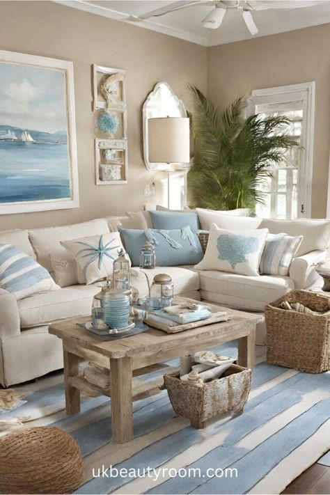 Apartment Beach Decor, Costal Bedroom, Beach House Colors, Coastal Cottage Decorating, Beach Theme Living Room, Deco Marine, Beach House Living Room, Beach House Interior Design, Coastal Room