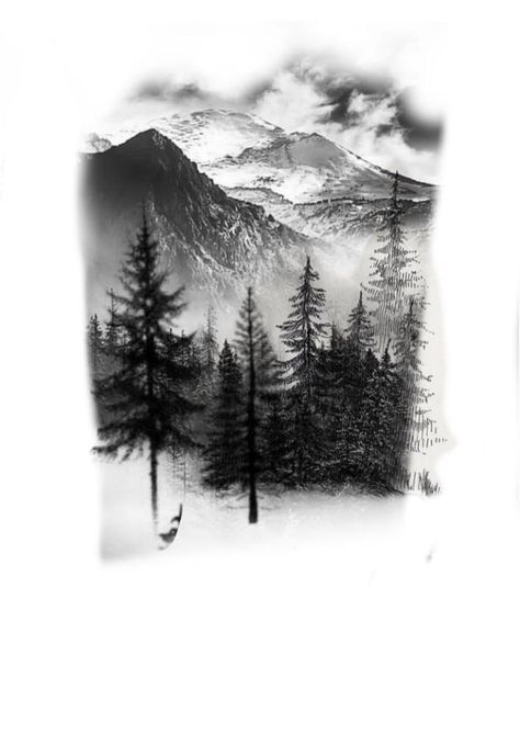 Forest Tattoo Design Drawing, Forest Mountain Tattoo, Dragon Koi Tattoo Design, Forest Forearm Tattoo, Tree Sleeve Tattoo, Rabe Tattoo, Snow Tattoo, 30 Tattoo, Nature Tattoo Sleeve