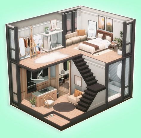 Ts4 Bedroom, Loft House Ideas, Sims 4 Loft, Cool Apartment, Loft Layout, Tiny Loft, Loft House Design, Small House Layout, Sims 4 House Plans