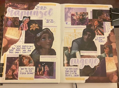 Rapunzel Journal Pages, Disney Princess Journal, Disney Diary Journal Ideas, Tangled Journal Ideas, Reading Journal Collage, Disney Journal Pages, Movie Journal Aesthetic, Tangled Rapunzel And Eugene, Disney Journal Ideas