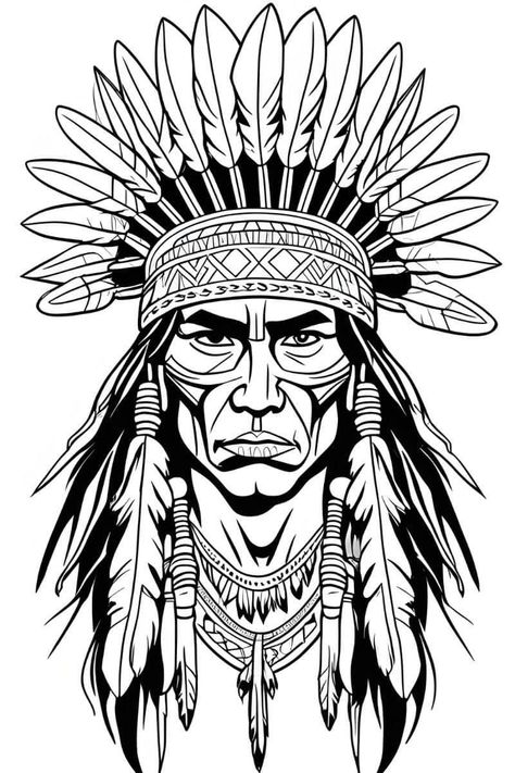 Indian Drawings Easy, Native American Coloring Pages, Classic Style Tattoo, Native Indian Art, Indian Chief Tattoo, American Drawing, Native Drawings, Bear Coloring Page, Native Warrior