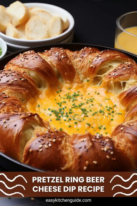 Pretzel Ring Beer Cheese Dip Recipe - Easy Kitchen Guide Pretzels With Beer Cheese Dip, Pretzel Ring Beer Cheese Dip, Pretzel Beer Cheese Dip, Pretzel Cheese Dip, Cheese Dip Recipes Easy, Beer Cheese Dip Recipe, Beer Pretzels, Cheese Dip Recipe, Pretzel Cheese