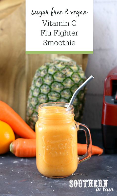 This Vitamin C Flu Fighter Smoothie Recipe is one of my favorite cold remedies when you have a sore throat or need a healthy vitamin boost. Combining orange, pineapple, mango and carrot it is full of flavour and will give your immune system a boost! Healthy, gluten free, grain free, paleo, vegan and refined sugar free. Add coconut water for extra electrolytes if you like! Carrot Smoothie Recipe, Orange Smoothie Recipes, Mango Pineapple Smoothie, Carrot Smoothie, Vegan Vitamins, Sugar Free Vegan, Gluten Free Recipes For Breakfast, Pineapple Smoothie, Paleo Vegan