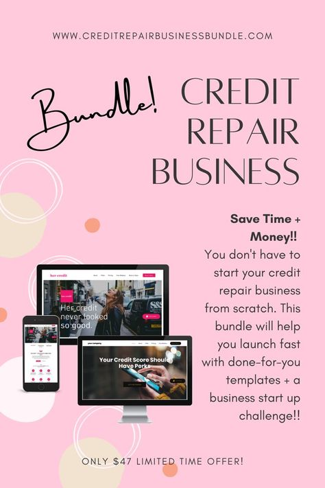 Image of credit repair business bundle by Boss Free Media for credit repair specialists and business owners that includes a credit repair website template, full credit repair guide, business plan template and much more! Credit Repair Business, How To Fix Credit, Stream Of Income, Credit Card Hacks, Mortgage Loan Officer, Fix Your Credit, Good Credit Score, More Clients, Repair Guide