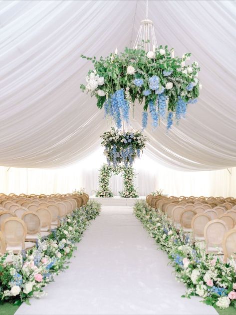 Pasha Belman Photography - Charming the Carolinas Events The Reserve at Lake Keowee Wedding White Ceremony Tent with Cane Back Chairs Aisle Runner and Aisle Floral Arrangements Hydrangeas Hanging Arrangements Blue Wedding Aisle Decor, Floral Isle, Hanging Wedding Decor, Runway Wedding Aisle, Floral Wedding Aisle, Rooftop Wedding Decor, Horse And Carriage Wedding, Concrete Wedding, Blue Wedding Receptions