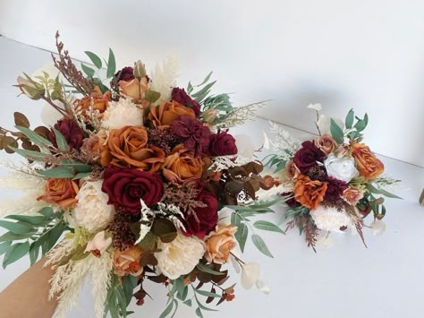 Rust Burgundy Iovry White Rose & Pampas Wedding Bouquet Burnt - Etsy Terra Cotta And Burgundy Wedding, Terra Cotta Bridal Bouquet, Burnt Orange And Burgundy Wedding, Pampas Wedding Bouquet, Wedding Centerpeices, Terra Cotta Wedding, Pampas Wedding, Rusting Wedding, Orange Bridesmaid