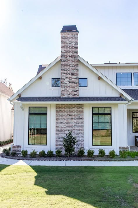 Magnolia Transitional Farmhouse — Moore House Interiors White House With Brick Chimney, White Hardie Board With Brick, White House Brick Skirt, Modern Farmhouse Exterior Makeover, Modern Farmhouse Chimney, Red Brick Chimney Exterior, White Farmhouse Exterior With Brick, White Exterior With Brick, Farmhouse Chimney Exterior