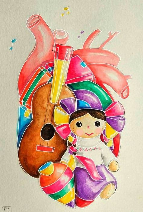 Mi arte en digital Mexicana Aesthetic, Cloud Tattoo Design, Heart Art Projects, Aztec Symbols, Mexican Doll, Mexican Culture Art, Watercolor Birthday Cards, Watercolor Birthday, Chicano Art