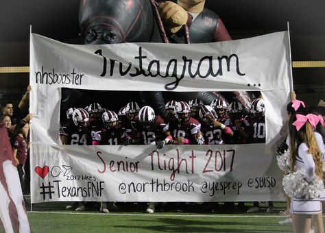 Instagram run thru football banner for Senior Night 2017. Northbrook HS Booster Club Football Signs For Senior Night, Senior Night Banners Football, Senior Night Run Through Signs, Senior Night Banner, Highschool Cheer, Cheer Banners, Cheerleading Signs, Football Banners, Senior Night Football