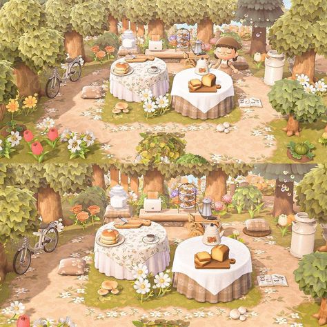 melissa🧸 on Instagram: “a little area for brunch 🥯🥞☕️ |inspired by @cosychey🍃| ~my lovely friends~🤎 @lvnderhoney @isleofsophia @nousie.crossing @lenacrossing…” Tea Party Animal Crossing, Animal Crossing Honey Farm, Cozycore Animal Crossing, Honey Animal Crossing, Acnh Honey Farm Ideas, Acnh Tea Shop, Acnh Honey Design Codes, Animal Crossing Cottagecore Ideas, Acnh Honey Farm