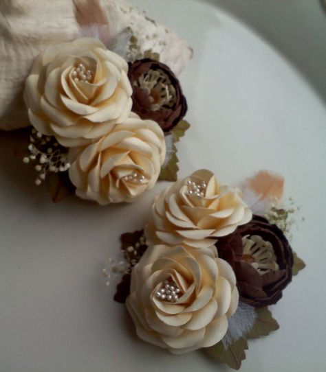 Wedding Corsages Brown Corsage, Mother Of The Bride Flowers, Metallic Wedding Cakes, Rolled Flowers, Welcome Flowers, Unique Bridal Jewelry, Prom Corsage, Flax Flowers, Paper Embellishments