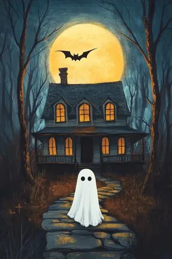 ↑↑↑ Larger size on website 🔸 A spooky, dark painting of a two-story house with a porch and a large, full moon. The moon has a bla House With A Porch, Dark Painting, Bat Silhouette, Dark Paintings, Two Story House, Halloween Scene, Black Bat, Two Story Homes, A Ghost