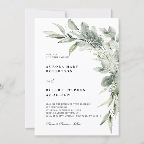 Sage Green Eucalyptus Minimalist Botanical Wedding Invitation Zazzle Spring Greenery, Botanical Wedding Invitation, Sage Garden, Eucalyptus Wedding Invitation, Botanical Leaves, Green Eucalyptus, Botanical Wedding Invitations, Orchids Garden, Greenery Wedding Invitations