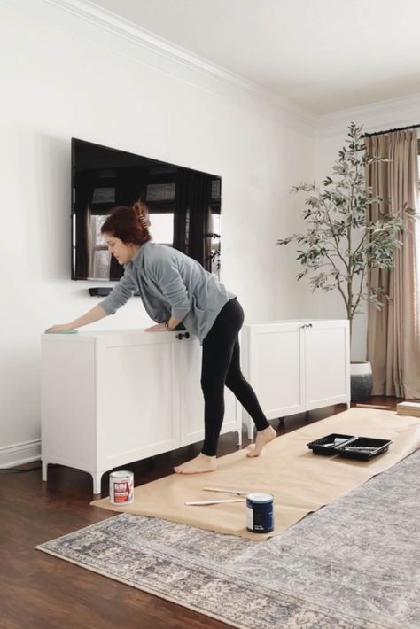 Side Board Tv Stand, Sideboard Buffet Ikea, Redo Ikea Furniture, Ikea Kallax Media Console, Ikea Cabinets Under Tv, Long Wall Cabinets Living Room, Painting Besta Ikea, Large Tv Stand Ideas, Ikea Diy Tv Console