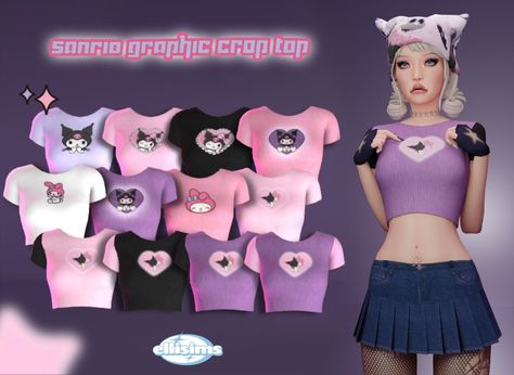 [ELLIESIMS] Sanrio Graphic Crop Top | camssimz The Sims 4 Cc Patreon, Sims 4 Cc Patreon, Sanrio Clothes, Cc Patreon, Sims 4 Anime, Sims 4 Download, Sims 4 Body Mods, Shirt Dress Outfit, Sims 4 Cc Folder