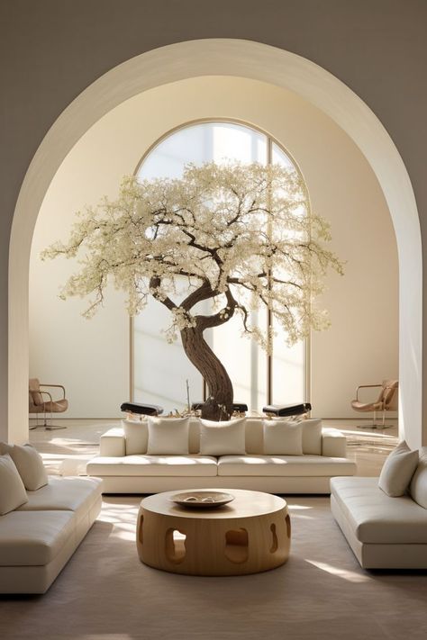 Living Room Arch Designs Modern, Tree Inspired Interior Design, Beige Aesthetic Furniture, Sanctuary Room Ideas, Naturalistic Interior Design, Beige Aesthetic House, Beige House Aesthetic, Beige Aesthetic Living Rooms, Arched Doorways Interior