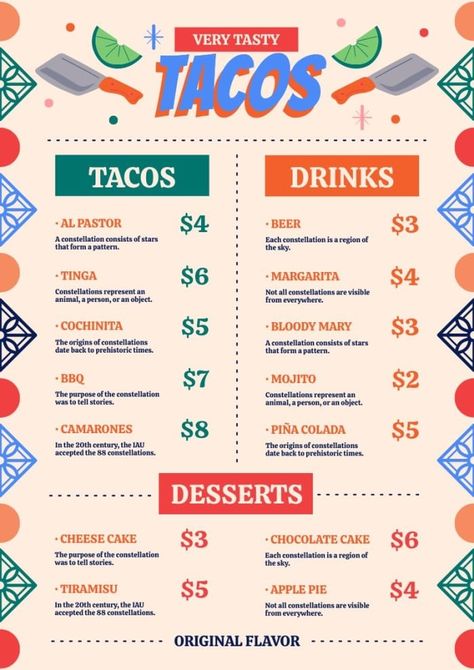 Hand-drawn Colorful Very Tasty Tacos Mexican Food Restaurant Menu Mexican Food Restaurant, Taco Restaurant, Mexican Tacos, Restaurant Menu Template, Lunch Specials, Brand Kit, Food Restaurant, Mexican Restaurant, Menu Template