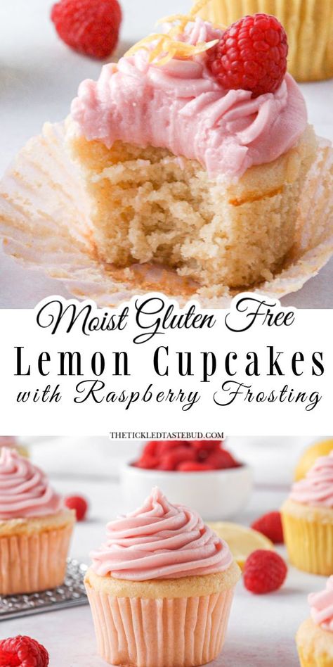 Gluten Free Lemon Cupcakes, Gluten Free Valentines, Lemon And Raspberry, Glutenfri Baking, Gluten Free Dairy Free Dessert, Gluten Free Easter, Raspberry Frosting, Easy Gluten Free Desserts, Gluten Free Cupcakes