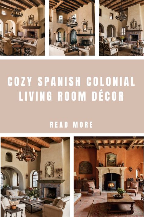 Cozy Spanish colonial living room with rustic wooden beams and fireplace. Spanish Colonial Living Room Furniture, French Spanish Decor Interior Design, Spanish Colonial Revival Interior, Spanish Living Room Hacienda Style, Spanish Colonial Interior, Spanish Colonial Living Room, Spanish Colonial Interior Design, Rustic Wood Beams, Spanish Style Living Room