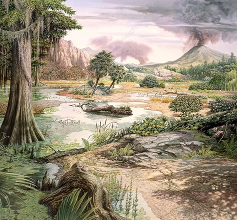 Cretaceous landscape, illustration - Stock Image - C035/4141 - Science Photo Library Prehistoric Animals Dinosaurs, Dinosaur Land, Lilies Drawing, Prehistoric Wildlife, Fantasy World Map, Landscape Tattoo, Prehistoric World, Ancient Animals, Prehistoric Art