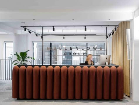 MullenLowe Group's new airy reception and cafe - Workplace | Design | Architecture Art Deco Reception, Agile Workspace, Custom Reception Desk, Modern Reception Desk, Stage Curtains, Booth Seating, Reception Design, Cube Design, Workplace Design