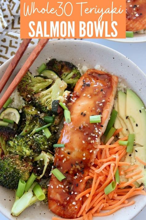 Seafood Bowl, Gluten Free Bowl, Baked Teriyaki Salmon, Salmon Bowls, Salmon Rice Bowl, Easy Whole 30 Recipes, Healthy Sauces, Seasoned Veggies, Salmon Bowl