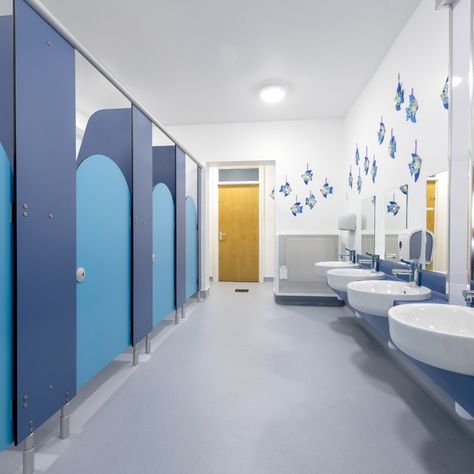 The Richard Pate School partnered with Cobus to renovate their nursery student washrooms. We set out to design and build a modern, playful design targeted towards the younger years using the space. School Washroom Design, Elementary School Bathroom, School Toilet Design, School Bathroom Design, School Washroom, Child Care Center Design, School Restroom, Preschool Designs, Classroom Interior