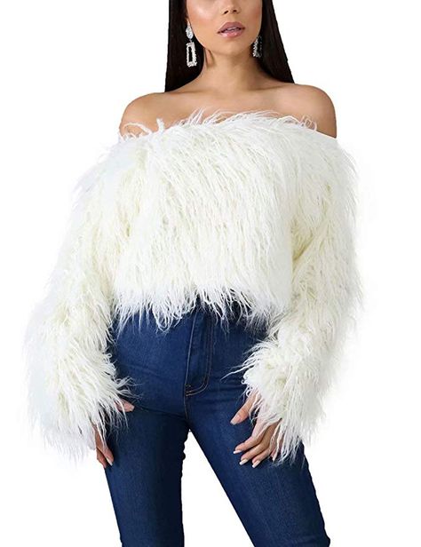 Remelon Women's Faux Fur Pullover Sexy Off Shoulder Long Sleeve Sweaters Shaggy Crop Tops at Amazon Women’s Clothing store Fur Crop Top, Oversized Crop Top, Faux Fur Sweater, Fur Sweater, Women Sweaters Winter, White Faux Fur, Crop Top Sweater, Warm Sweaters, Sweater Fashion