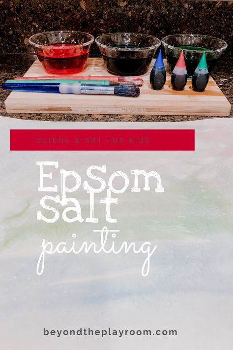 Epsom salt painting for kids. Science and art activity for kids. Winter themed. Frozen painting. Icicle painting. Salt Art Preschool, Icicle Painting, Salt Art Painting, Salt Painting For Kids, Frozen Paint, Process Art Preschool, Salt Watercolor, Simple Art Activity, Frozen Painting