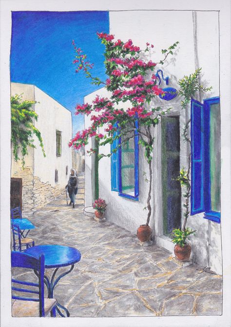 Greek street maze | December 24-25, 2012 Ink pen, color penc… | Flickr Greece Drawing, Greek Drawing, Grafic Art, Greece Painting, Watercolor Pencil Art, Sea Drawing, Mill House, 2 December, Street Tattoo