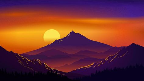 Sunset Behind Mountains, Mountain Sunset Landscapes, Sunrise Background, Rain Gif, Vector Mountain, Landscape Silhouette, Tunnel Book, Sun Drawing, Huawei Wallpapers