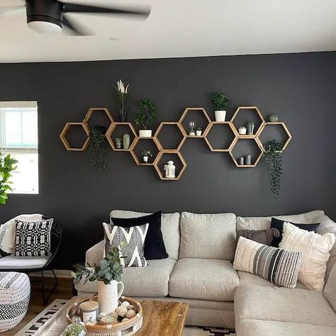 Classic Boho Living Room, Classic Boho Style, Creative Wall Decor Ideas, L Shaped Living Room, Green Walls Living Room, Hexagon Shelf, Living Room Decor Tips, Room Decor Tips, Honeycomb Shelves