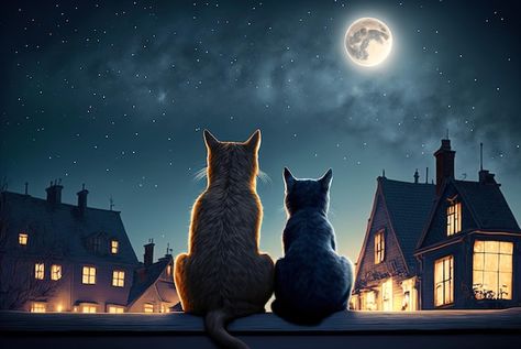 Cats sitting on roof at night two pets l... | Premium Photo #Freepik #photo #fantasy-landscape #moon-illustration #dark-night #animal-love Sitting On Roof At Night, Sitting On Roof, Roof At Night, Stars In Sky, Night Animals, Cats Sitting, Cat Landscape, Whimsy Art, City Painting