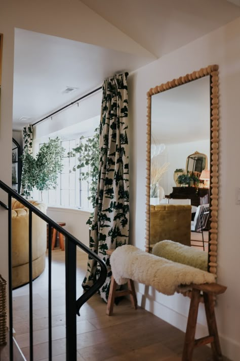 Tall Mirror In Entryway, Full Length Mirror Hallway Entrance, Hallway Floor Mirror, Floor Mirror And Bench, Floor Mirror Stair Landing, Full Length Living Room Mirror, Entryway With Floor Mirror, Full Length Mirror In Entryway, Standing Mirror Entryway