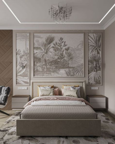 Moulding With Wallpaper Bedroom, Bedroom Inspo Wallpaper, Bed Back Wallpaper, Framed Wallpaper Panels Bedroom, Bed Dressing Ideas, Feminine Bedroom Design, Bedroom Feature Wall, Royal Bedroom Design, Interior Design Showroom