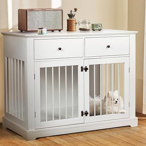 PUKAMI Dog Crate Furniture with Drawers,44inch Wooden Dog Kennel Furniture for Large Breed,End Table Wood Dog House for Indoor use,Dog Crate for Small/Medium/Large Dog (White) Kennel Furniture, Dog Crate End Table, Furniture Style Dog Crate, Wood Dog House, Wood Dog Crate, Crate End Tables, Indoor Dog House, Wooden Dog Kennels, Wooden Dog Crate