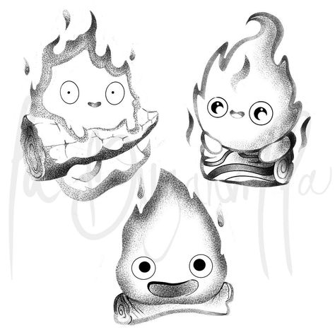 Calcifer Dessin, Calcifer Tattoo Black And White, Calcifer Drawing, Calcifer Art, Character Tattoo Ideas, Calcifer Tattoo, Cartoon Character Tattoos, Studio Ghibli Art, Cartoon Tattoos