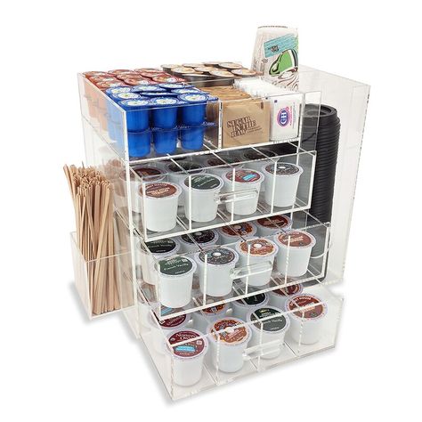 Keurig Coffee Station, Office Coffee Bar, Storing Coffee, Gerobak Dorong, Coffee Pod Storage, Coffee Stirrers, Home Coffee Stations, Airbnb Ideas, Keurig K Cup