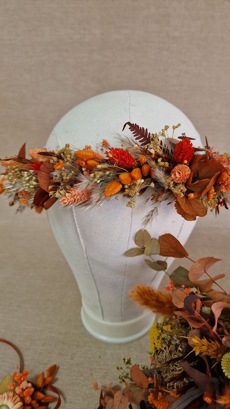 Burnt orange Yellow Wedding Bouquet Terracotta Hair, Bridal Hair Crown, Fall Flower Crown, Yellow Wedding Bouquet, Headband Bride, Garden Forest, Cascading Bridal Bouquets, Cascading Wedding Bouquets, Course Hair