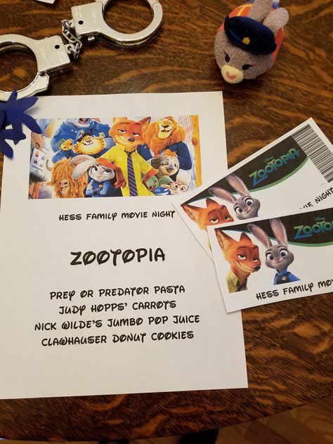 Zootopia Movie Night Food, Zootopia Dinner And A Movie, Zootopia Movie Night, Disney Movie Night Snacks, Movie Night Disney, Disney Movie Themed Dinner, Disney Movie Night Menu, Zootopia Movie, Theme Dinners