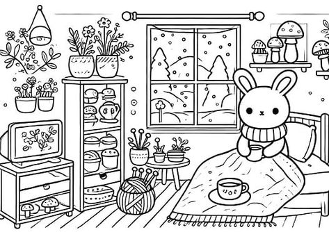 Cozy Friends' Winter Retreat Cozy Friends Coloring Book Pages, Cozy Coloring Pages Printable, Cozy Friends Coloring Pages, Cozy Friends Coloring Book, Decorative Doodles, Cozy Drawing, Cozy Coloring Pages, Winter Coloring Pages, Relaxing Coloring Pages